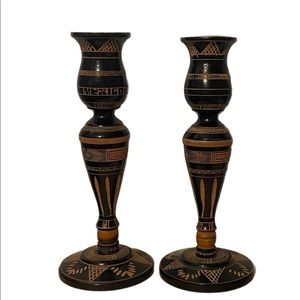 Vtg Mexican Carved Wooden Pedestal Candleholders